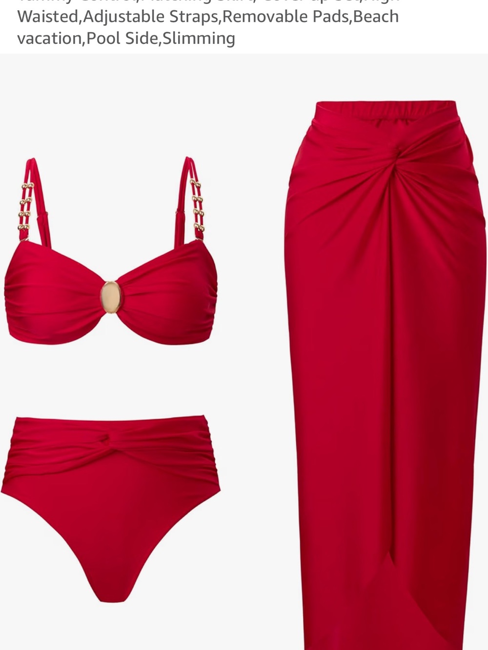 Red Women's Bikini Set with Sarong - Gold Accent